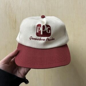 Vintage PPG Greensboro Powder Hat Cap Snap Back Mens White Maroon Herringbone